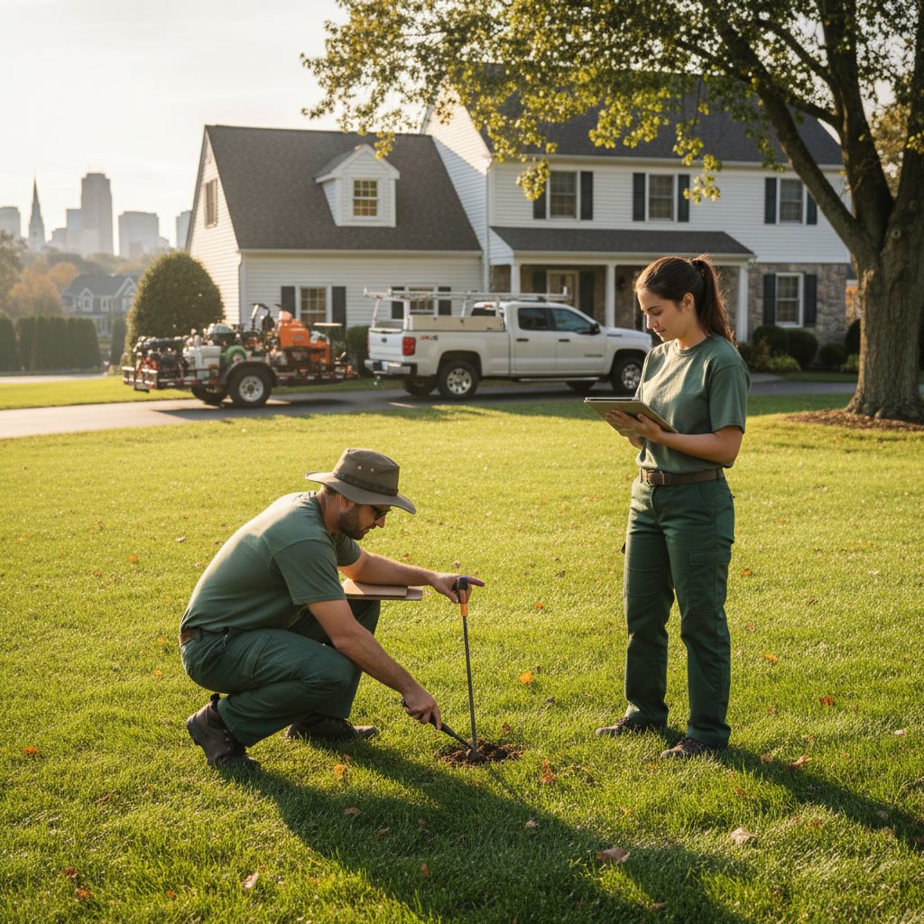 Lawn care professional inspecting grass height before mowing service
