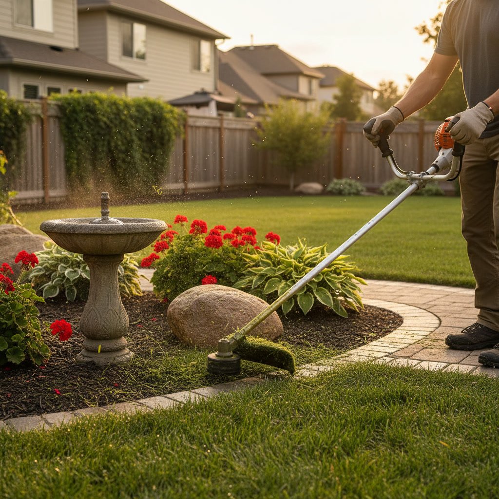 Professional edging along concrete walkway creating clean lawn borders