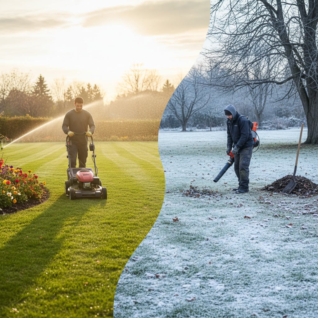 Lawn maintenance crew completing final cleanup with leaf blower