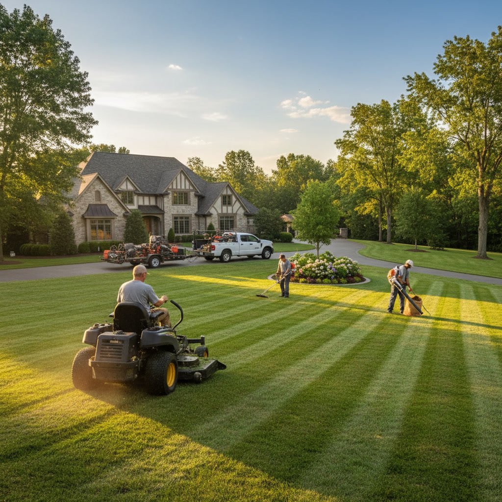 Professional lawn maintenance crew mowing residential property with commercial equipment